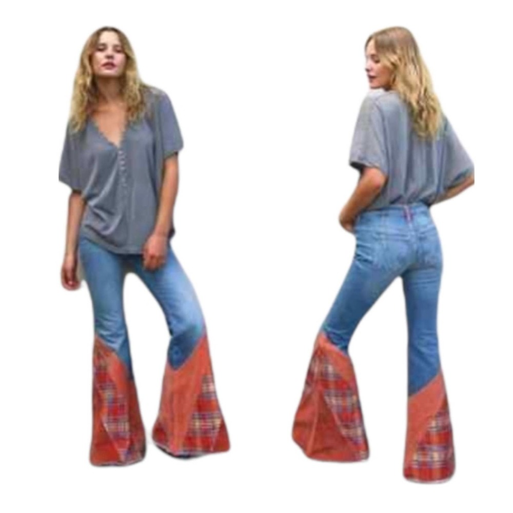 NWOT We The Free Flashback Flare Plaid Mixed Print Jeans High-Rise Size 31